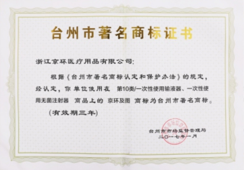 Тайчжоу Сертификат известного товарного знака